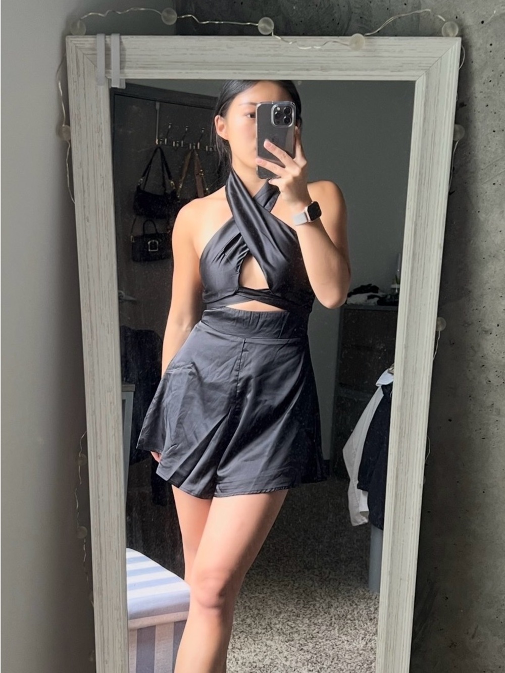 Princess Polly Black Halter Satin Romper Mini Dress